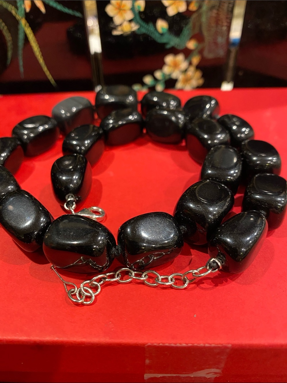 Hand Knotted Chunky Black Onyx Box Bead Necklace in 925 Clasp.